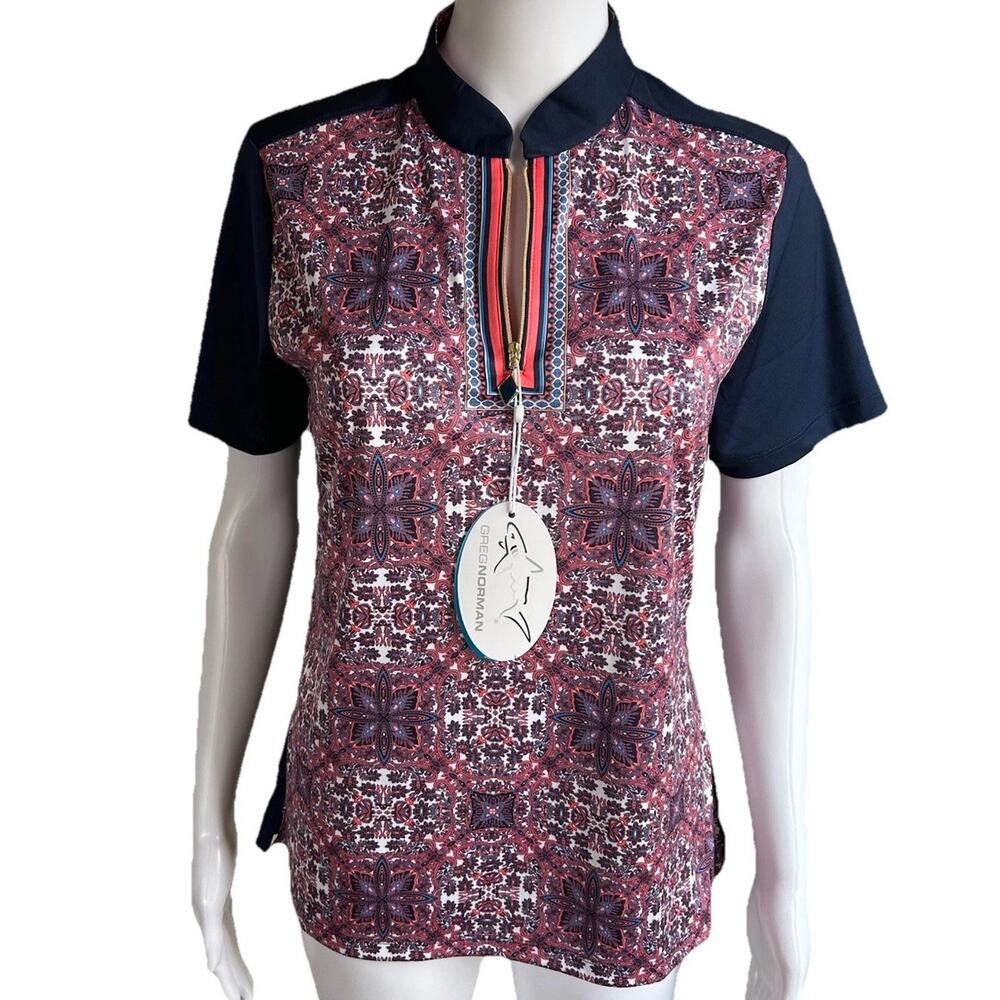 Greg Norman NWT Womens Golf Mock Neck Shirt M 1/4 Zip Performance Geometric